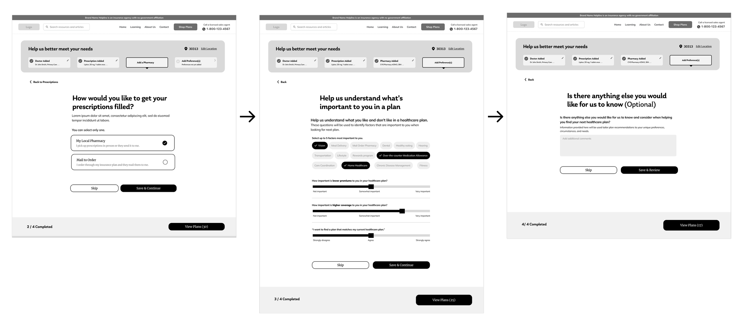 Image of wireframes for the pharmacy, benefits, and extra page