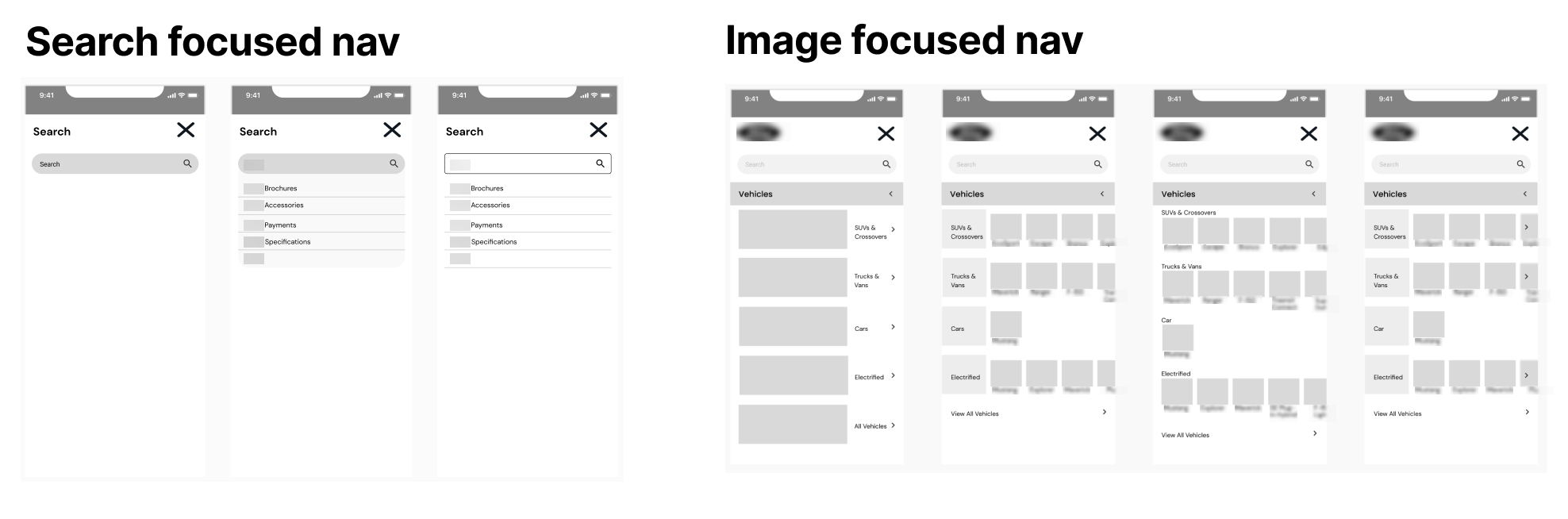 Image of initial mobile viewport explorations for the structure of the navigation