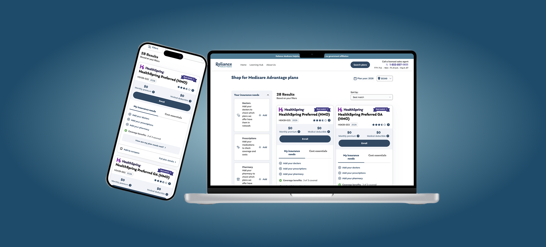 Images of the laptop and phone version of the landing screen for the Medicare Advantage Helpline website