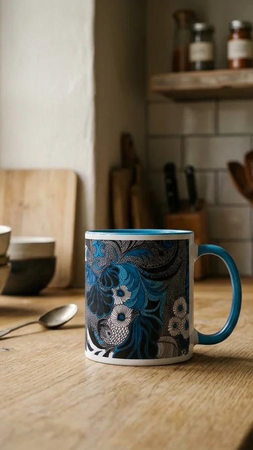 Mug with vibrant blue and black abstract design 11oz