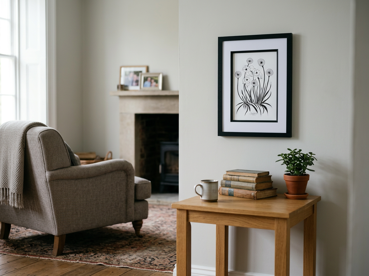 Original Giclee Framed Floral Ink Art.  A4 size art . Frame size 40 X 30cm