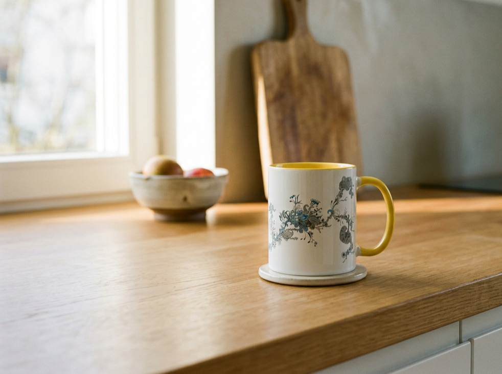 Mug with Colour Inside Yellow, with abstract doodle in blue and black.