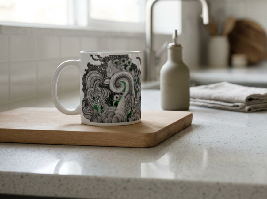 White glossy mug with Doodles
