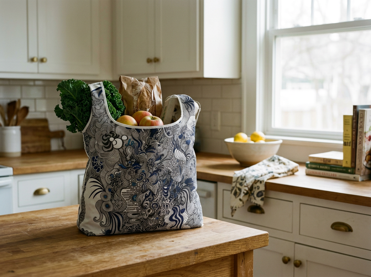 Vibrant tote bag full of food shopping placed on a kitchen surface