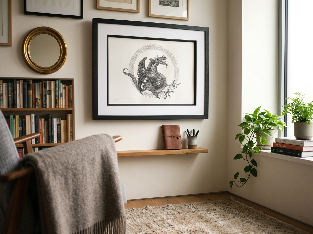 Original intricate Ink drawing.  The Mythical Dragon. 14cmX35cmX14cm Unframed print.