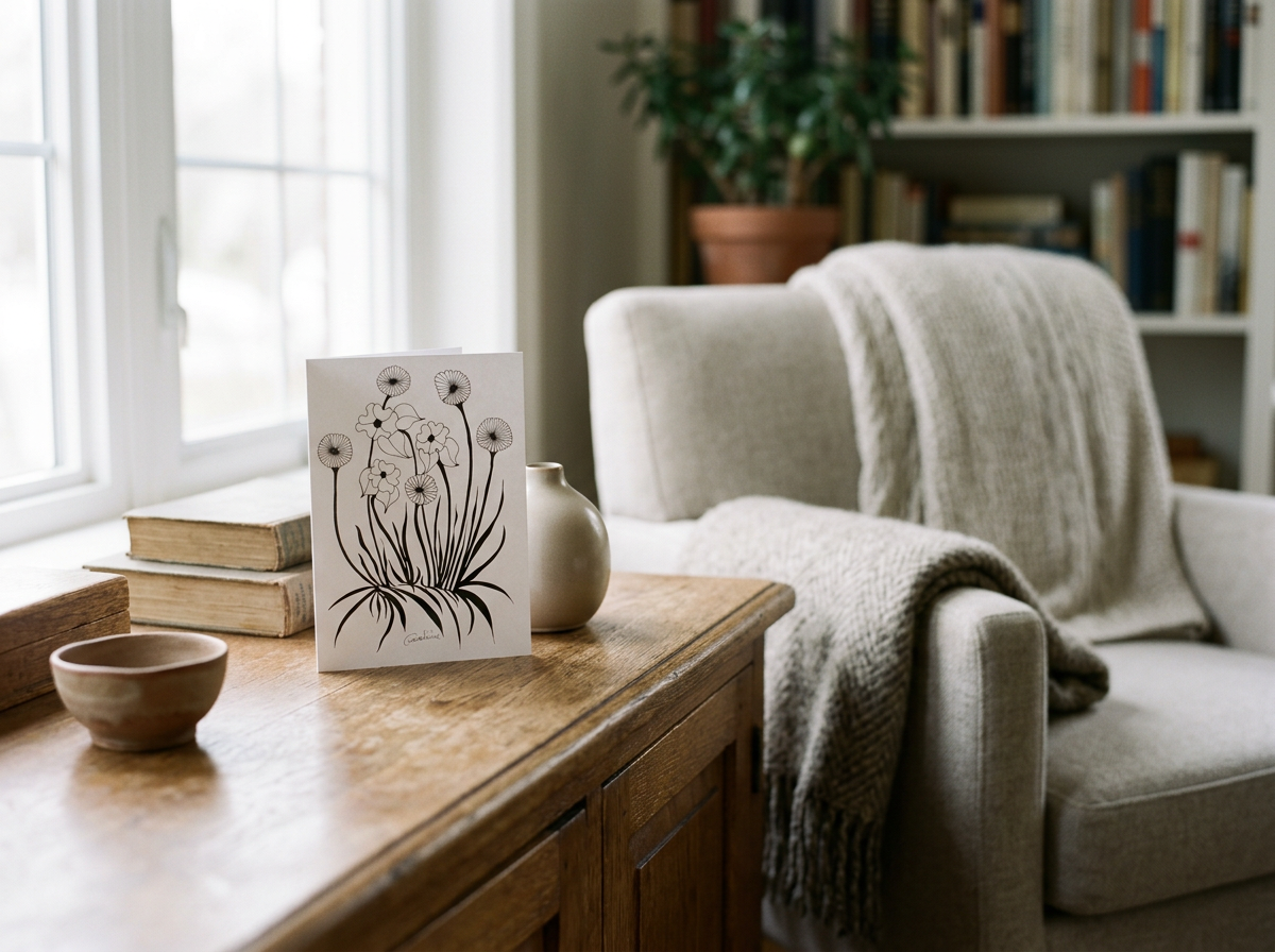 Hand drawn ink floral art card.  A5 size 15cm X 21cm with envelope.