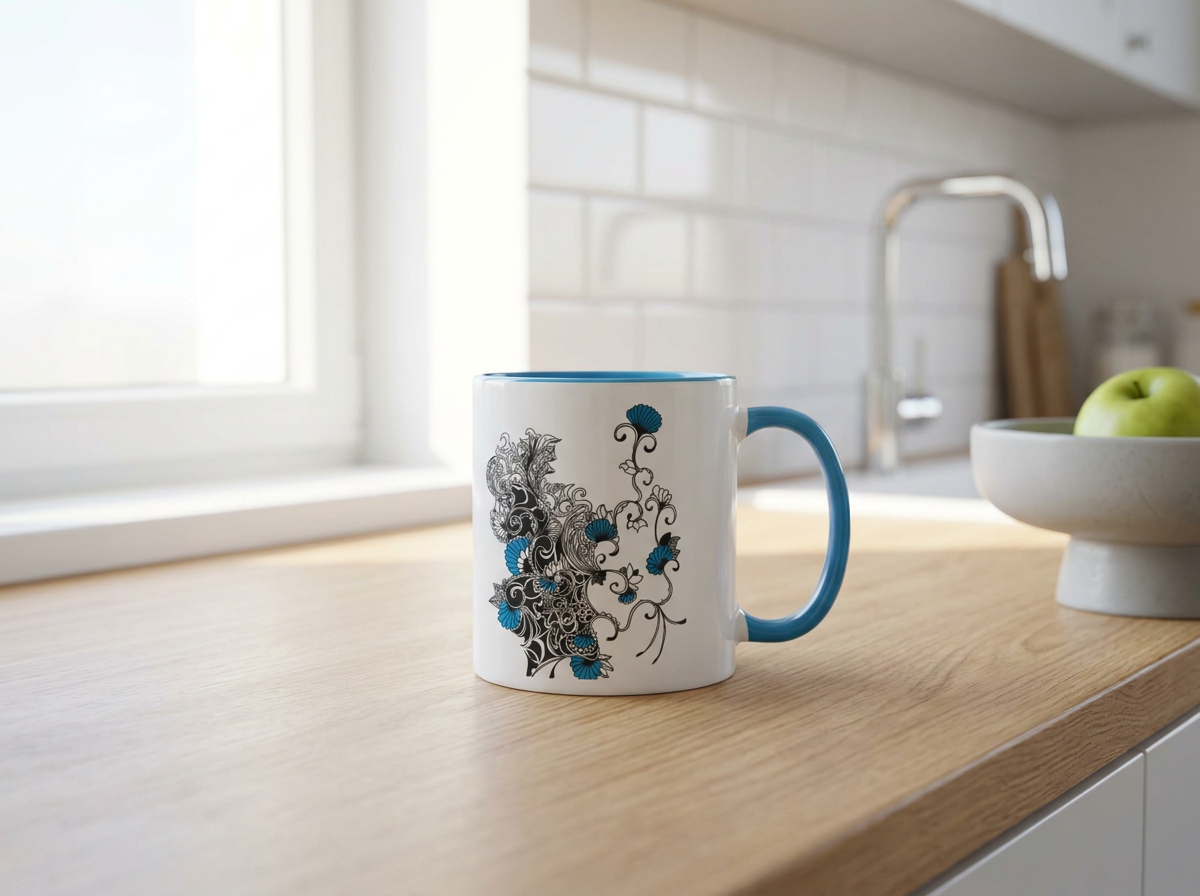 Mug with Colour Inside Vibrant blue, with abstract doodle in blue and black.