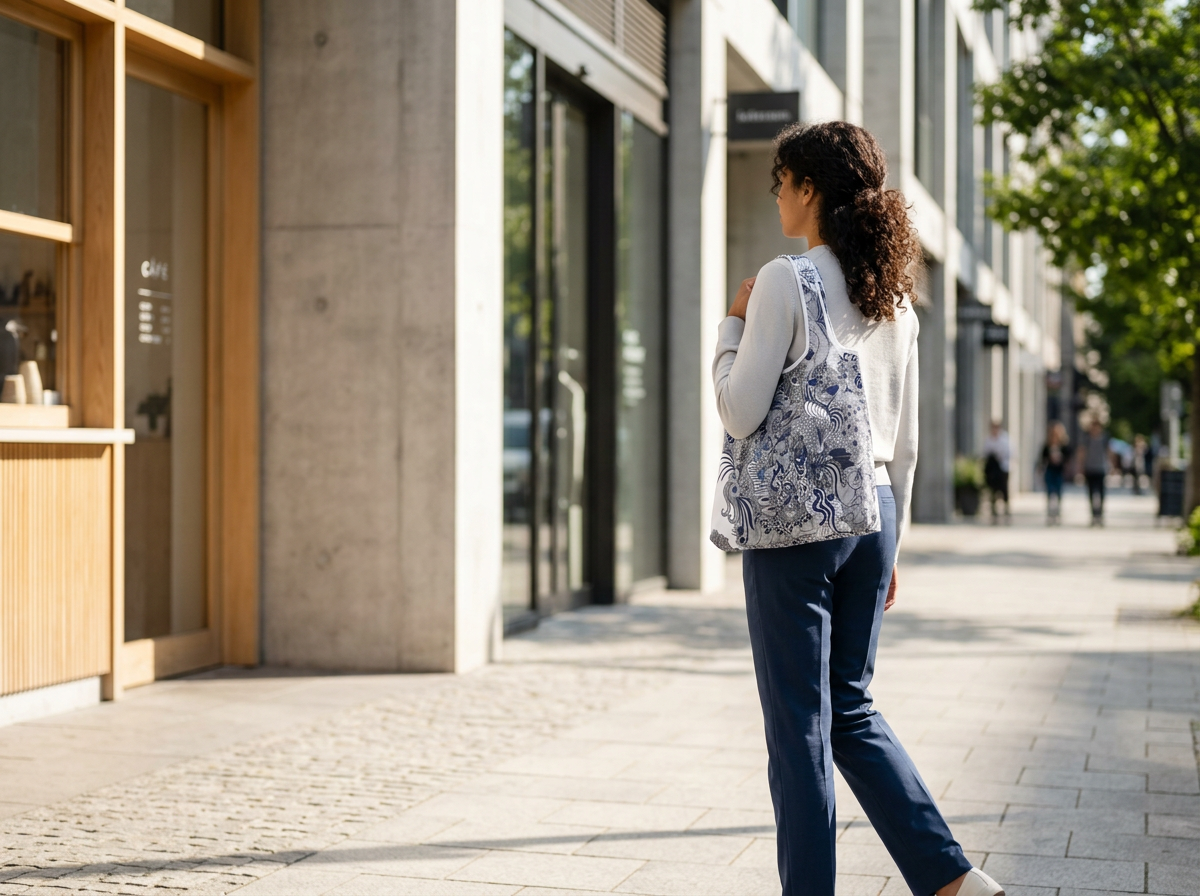 woman with tote bag in the city walking towards the shops