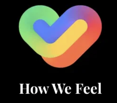 rainbow check box logo with white text that says how we feel underneath on black background