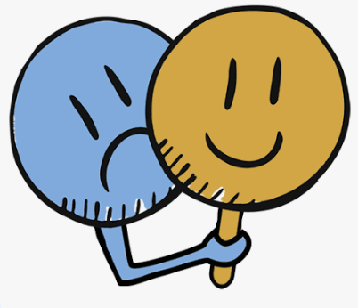blue sad face holding yellow happy face sign