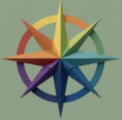 green background with rainbow compass in centre