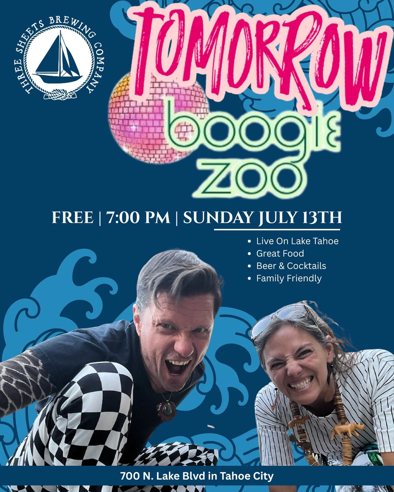 Come check out Boogie Zoo, South Lake Tahoe&rsquo;s dance, jam, joy and love band tomorrow @threesheetsbrewingtahoe in Tahoe City. Starts at 7 after the Commons Beach concert. To learn more about the band check out our website BoogieZoo.com. 💃🍯😃❤️