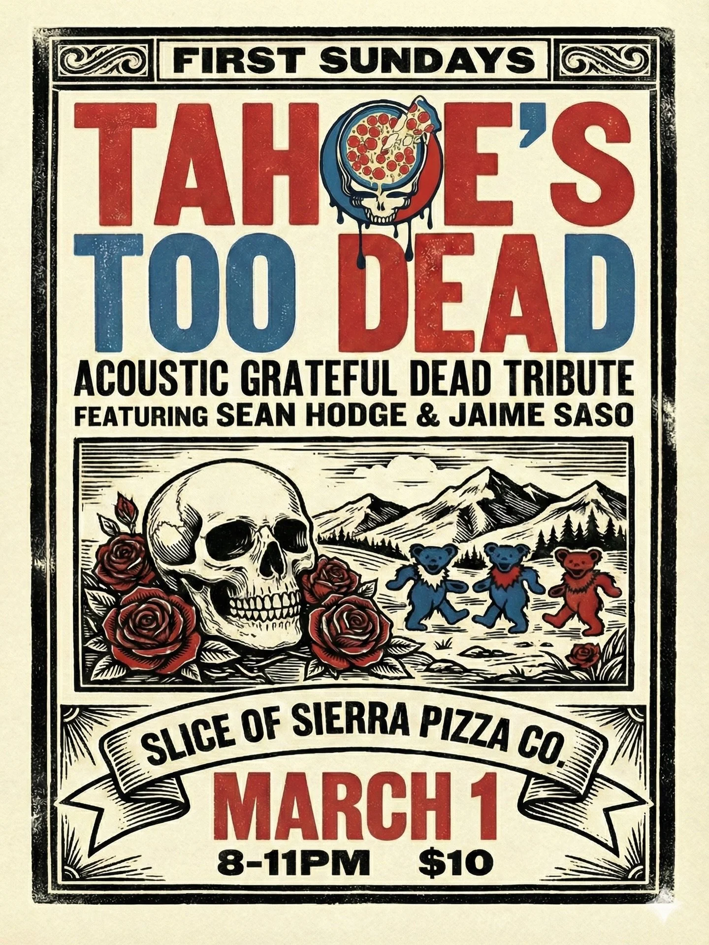 This Sunday is the second Dead Night w/ @jaimesaso at Slice of Sierra. Come on out at 8pm and celebrate the music of the Grateful Dead. 1st Sunday of the month ongoing