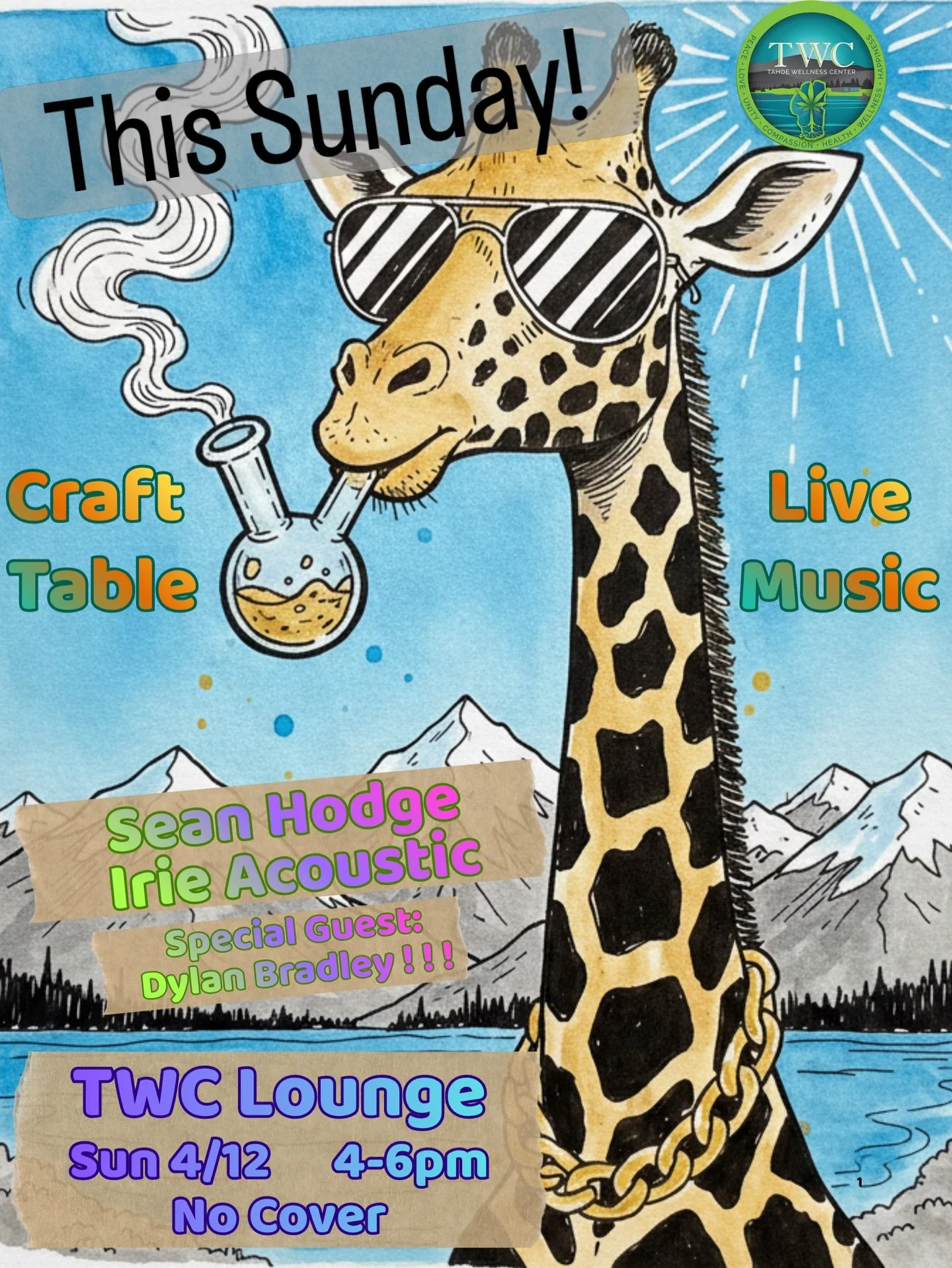 This Sunday 4/12 come experience an afternoon at the @tahoewellness center - TWC. Fun live music with originals and &ldquo;irie&rdquo; covers from Sean Hodge and Dylan Bradley. ALSO! A craft table to get creative. 4-6pm no cover 21+