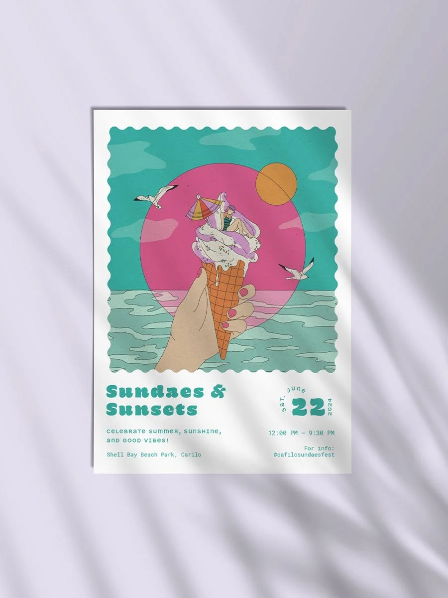 Hand-drawn illustration for promotional event poster, featuring a woman in a bikini sitting on an ice cream cone under a pink sun with clouds and seagulls, set against a teal background.