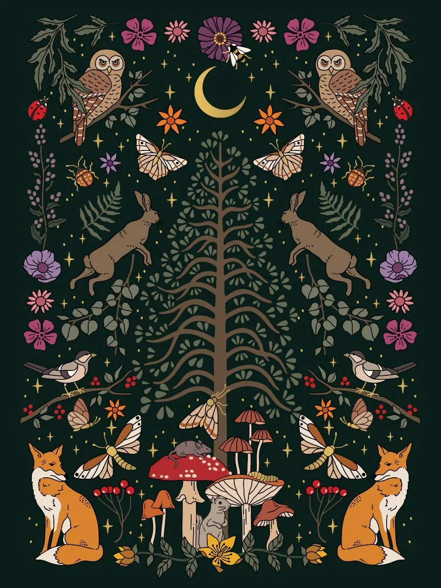 Back illustration of a Moon Witch Forest Tales Oracle Deck card by Cosmic Valeria, featuring a whimsical forest scene with woodland animals, birds, insects, flowers, and a crescent moon at night on a dark background.