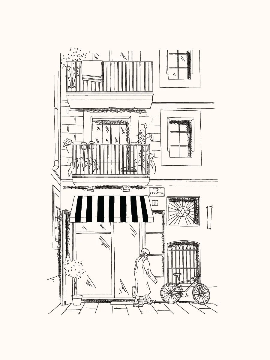 Line drawing of a storefront with a striped awning, potted plants, a pedestrian, a bicycle, and multiple windows and balconies on the building above.