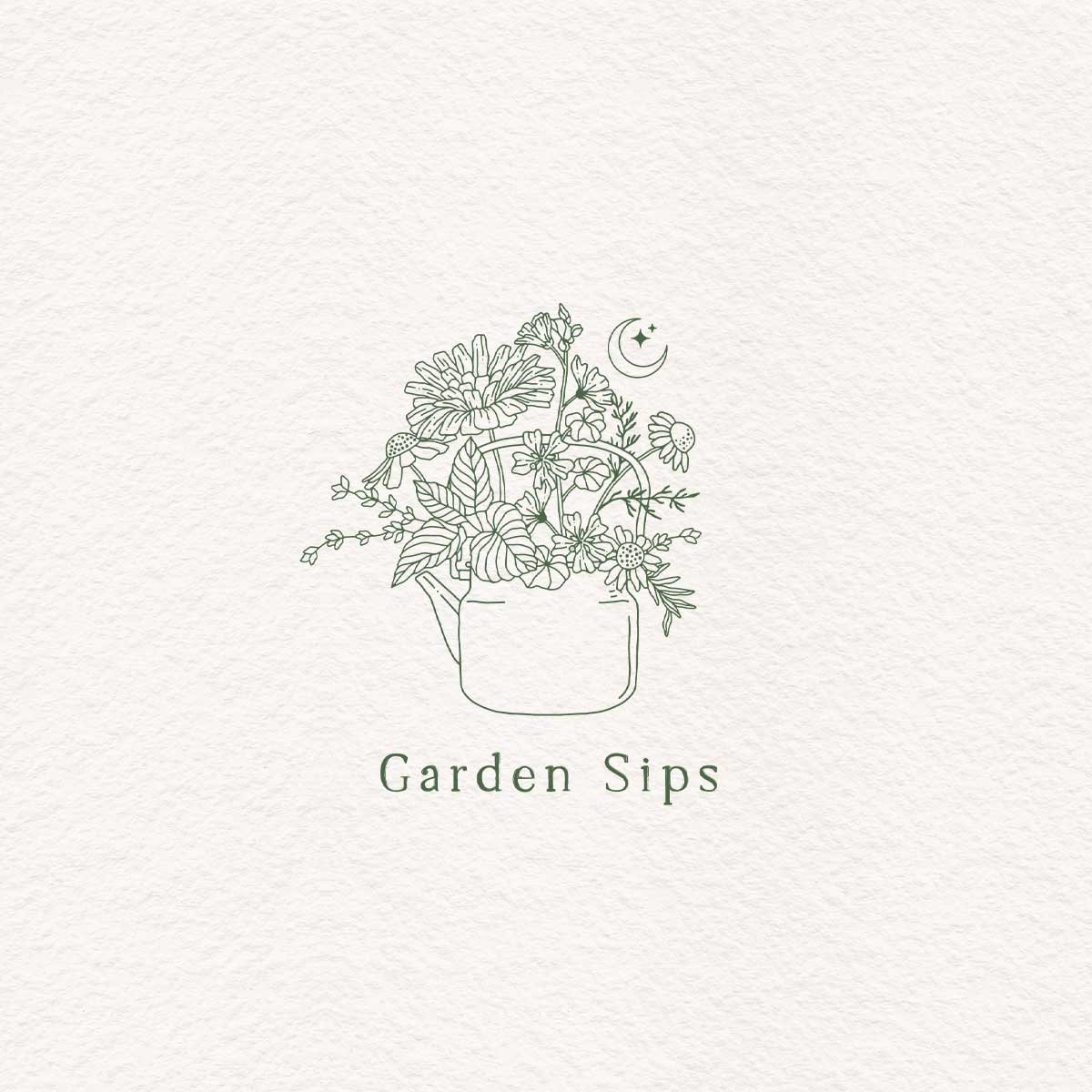 Minimalist line drawing of a teapot with flowers and leaves, a crescent moon, and a star above, with the text "Garden Sips" underneath.