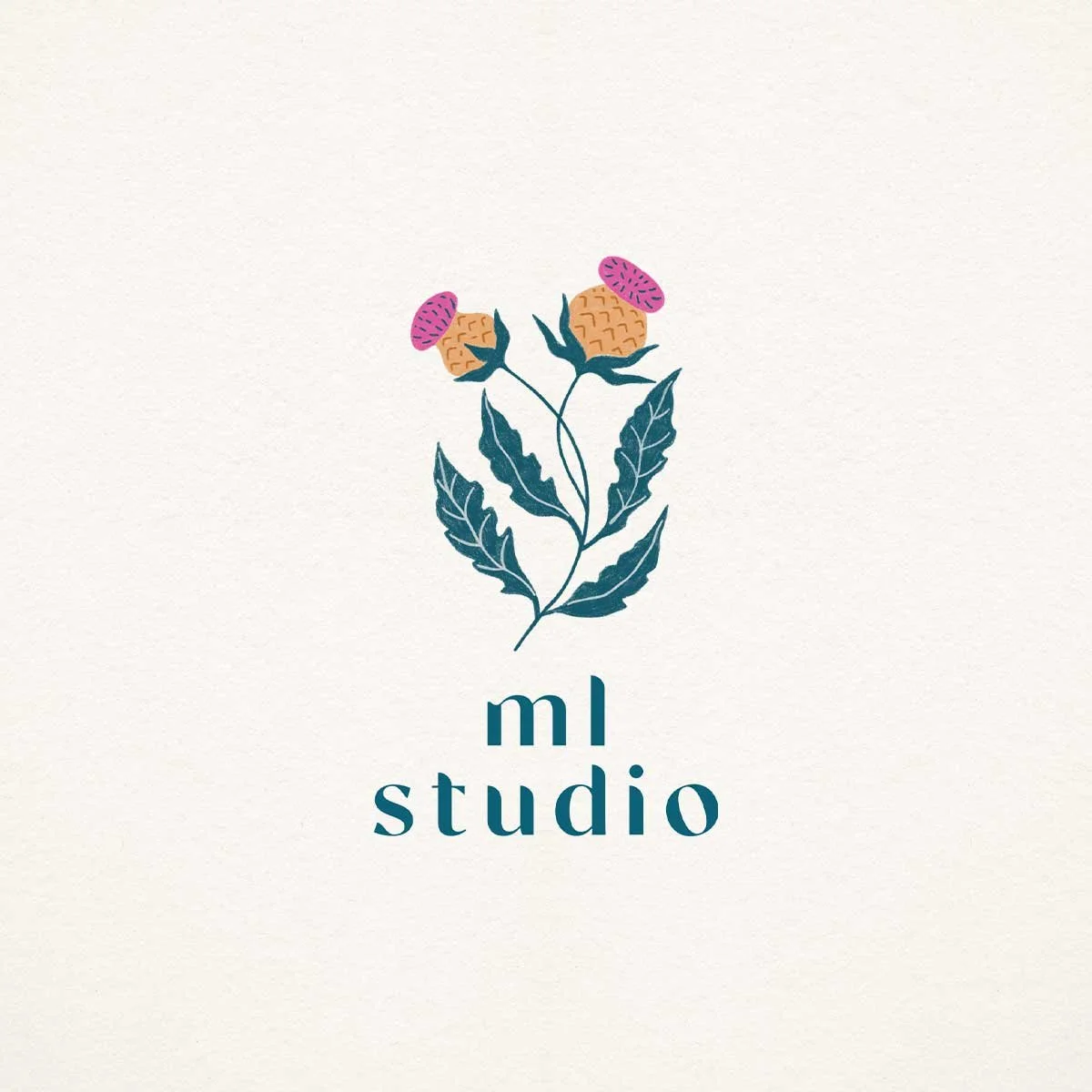 Logo for Mireille Lagow Studio, featuring hand-drawn colorful thistles with a modern serif font, reflecting a botanical, modern, and vibrant illustrative style.