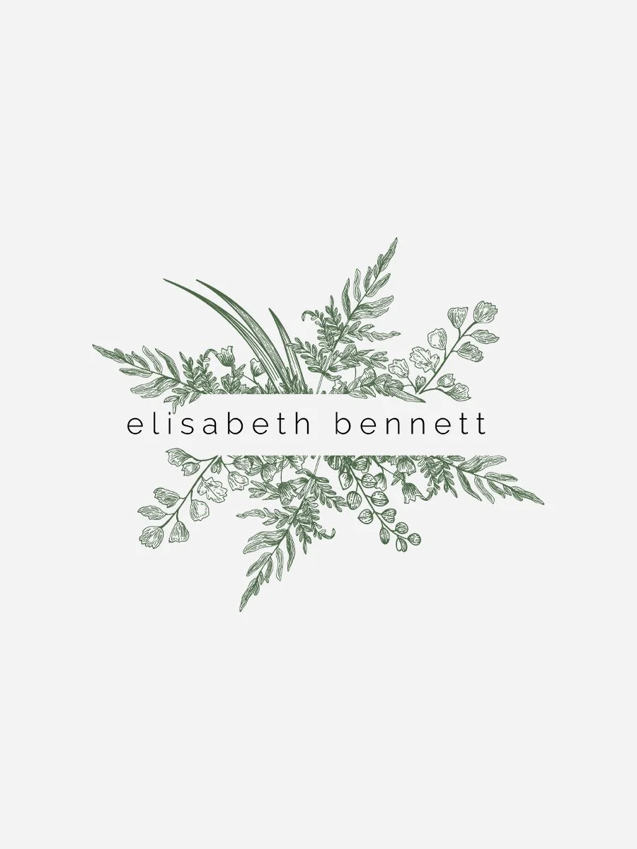 Logo for Elisabeth Bennett, a portrait photographer specializing in families, couples, and birth, featuring a lush vintage-style floral engraving paired with a modern sans serif font, conveying a natural and elegant aesthetic.