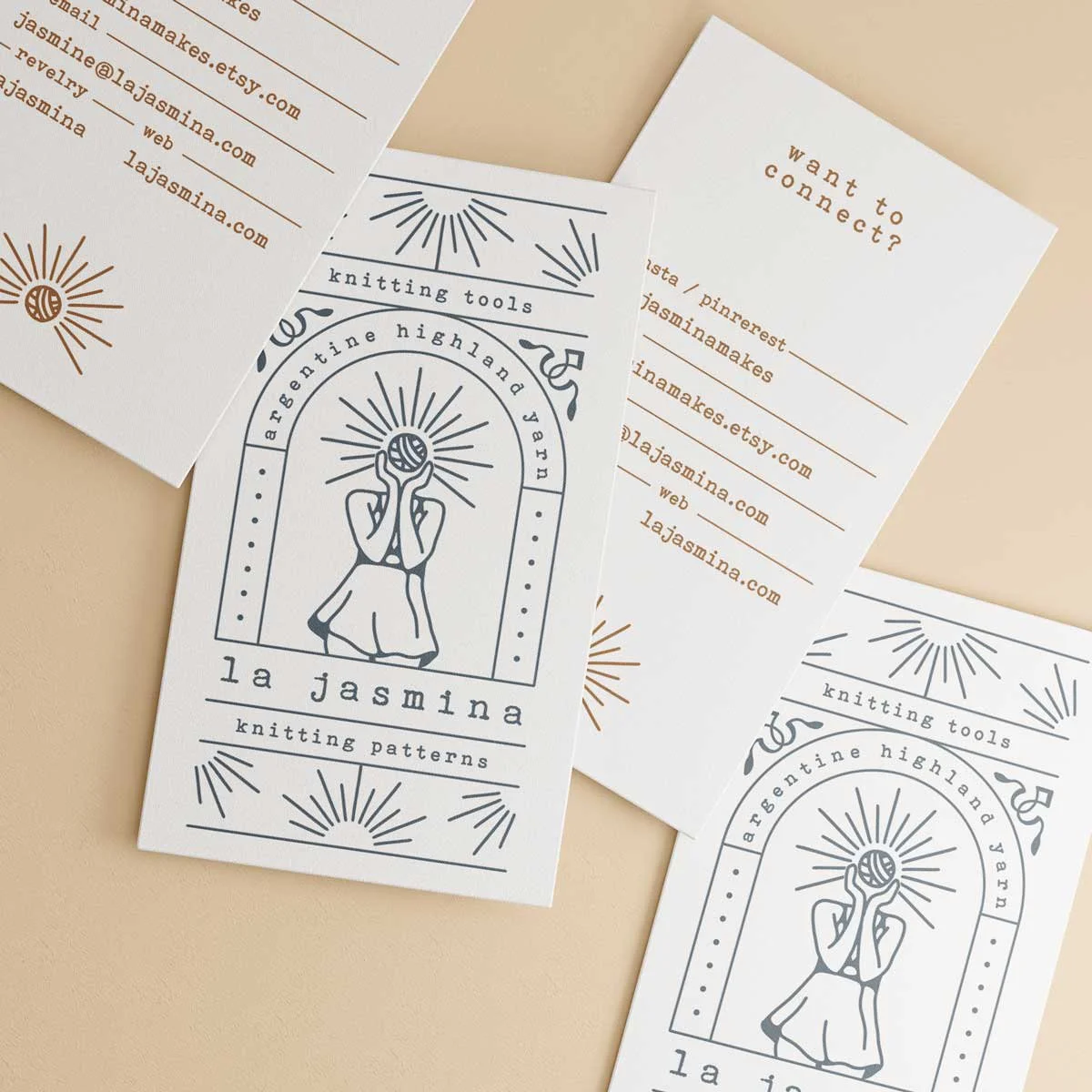 Business card design for La Jasmina, featuring a hand-drawn woman with yarn, sunburst motifs, and whimsical Mexican southwestern boho style in terracotta tones.