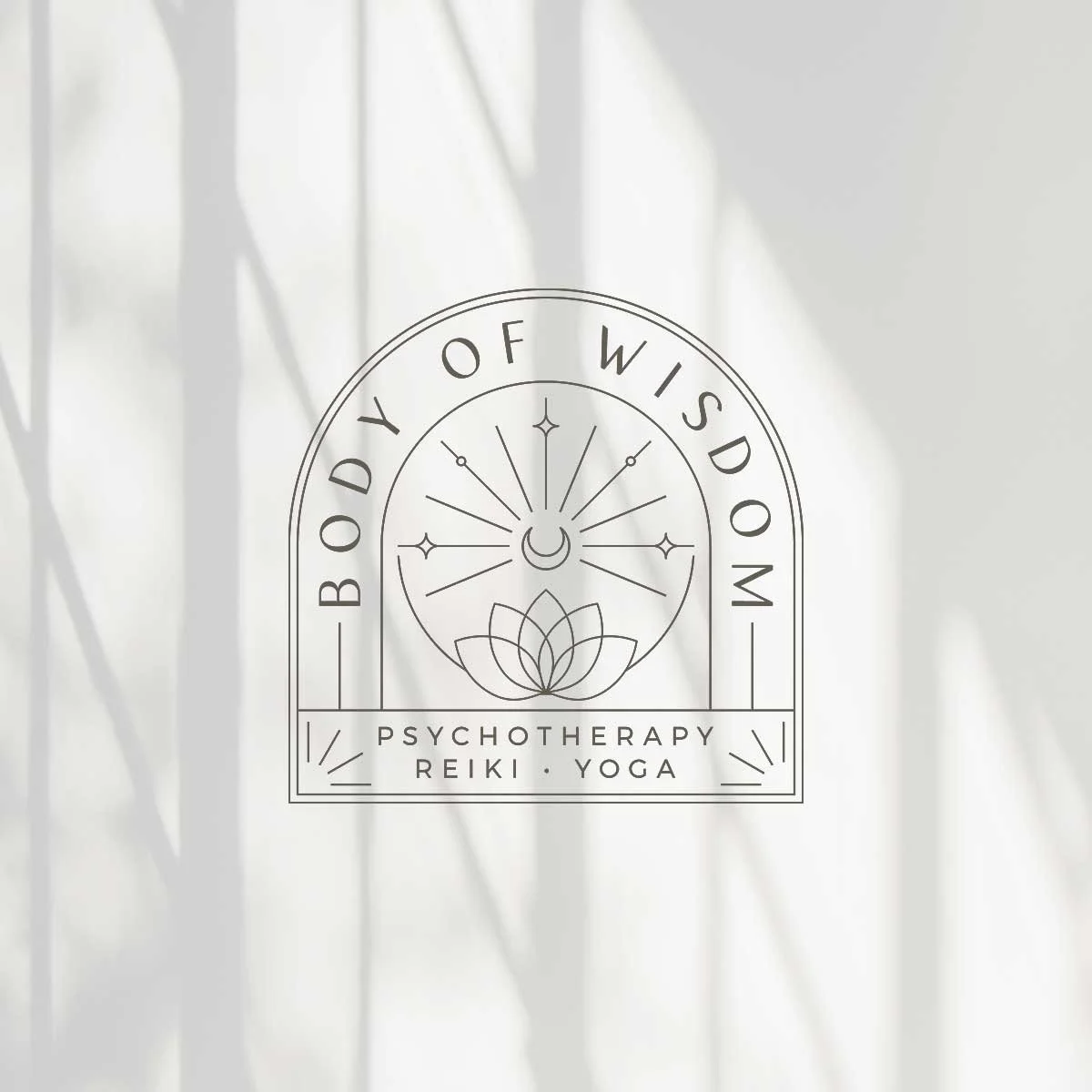 Logo for Body of Wisdom, a yoga, Reiki, and psychotherapy business, featuring an arch-shaped geometric design with a lotus flower, sun, moon, and stars in a whimsical celestial style.