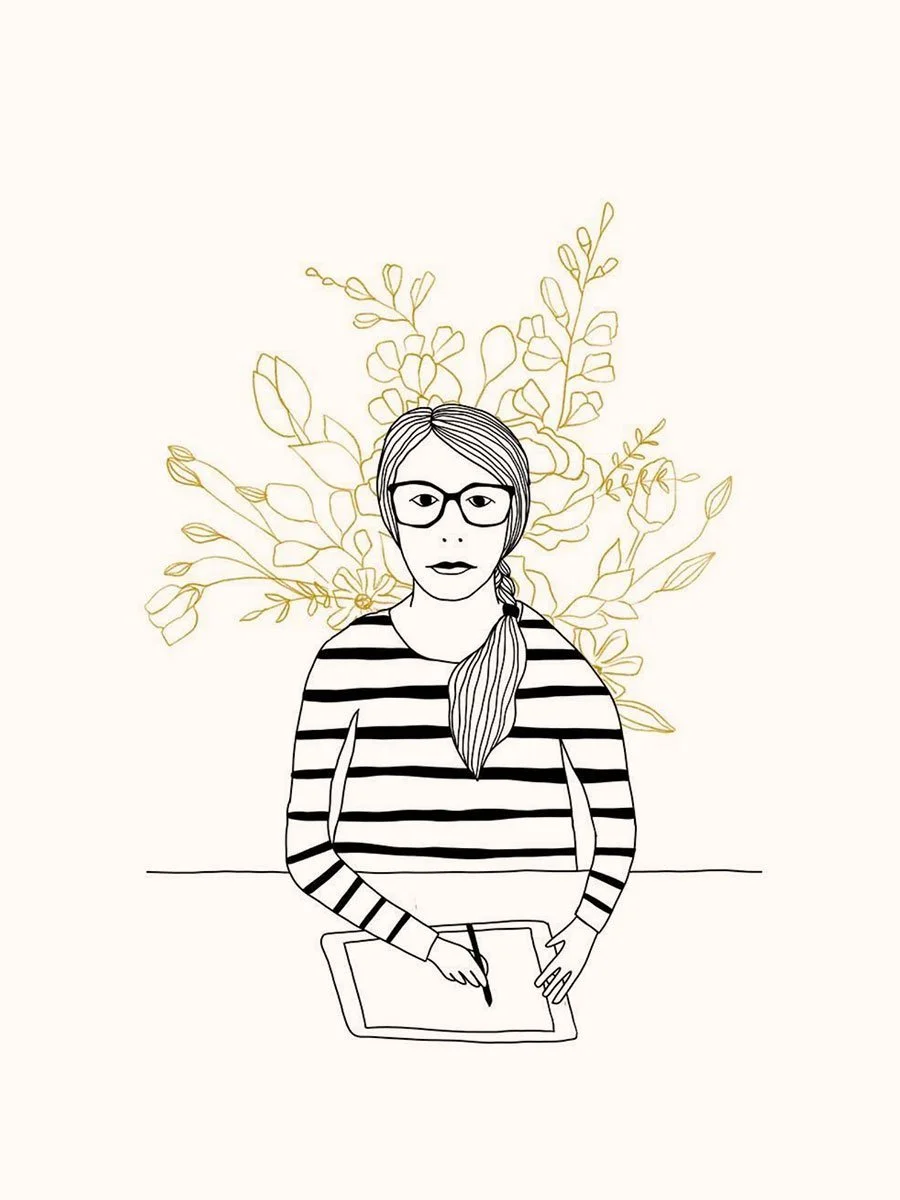 A line drawing of a woman with glasses, long hair in a braid, wearing a striped shirt, sitting at a table with a pen and tablet, with a background of delicate, outlined floral illustrations.