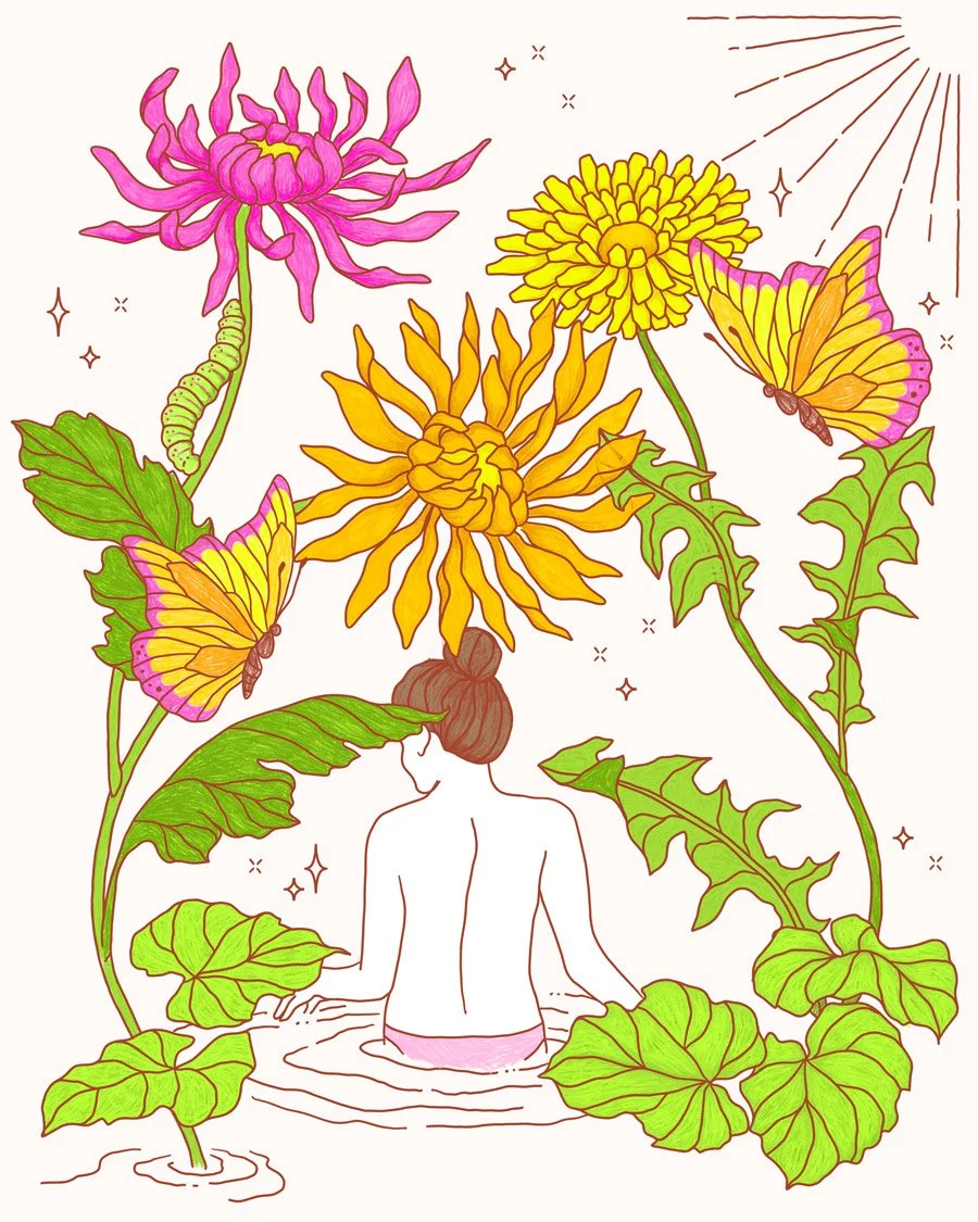 Line drawing of a woman with her back to the viewer, sitting in water surrounded by large green leaves and colorful flowers, with butterflies and a sun in the background.