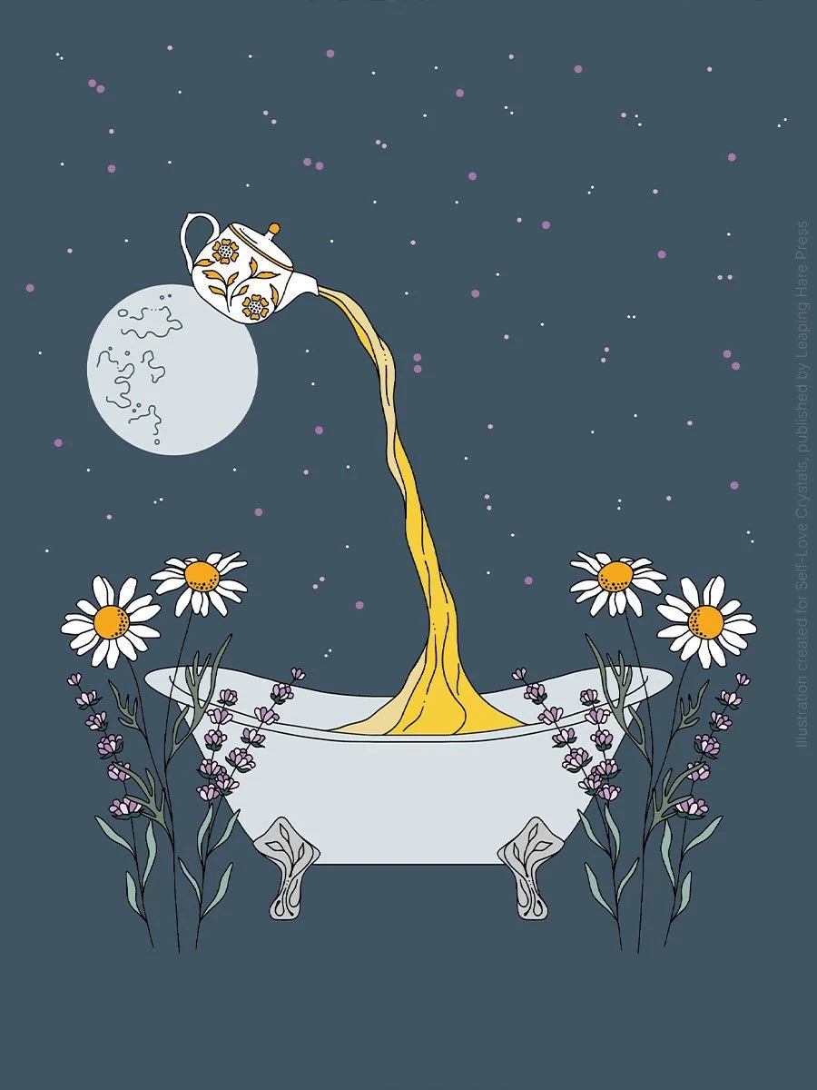 Inner page illustration from Self-Love Potions by Cosmic Valeria, featuring a teapot pouring golden liquid into a bathtub, surrounded by hand-drawn daisies and purple flowers under a starry night sky with a full moon.