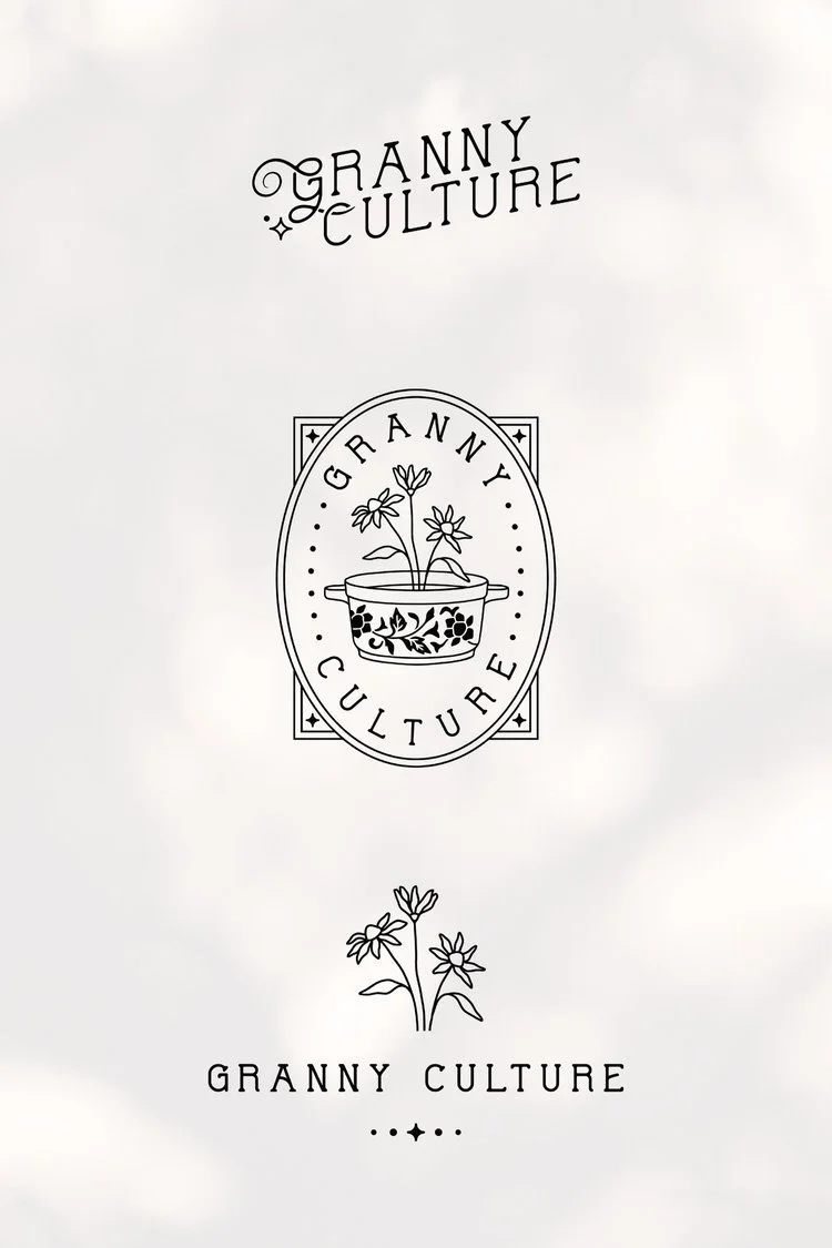 Design featuring the text 'Granny Culture' with a small flower drawing and a logo of a pot with flowers, all in black on a white background.