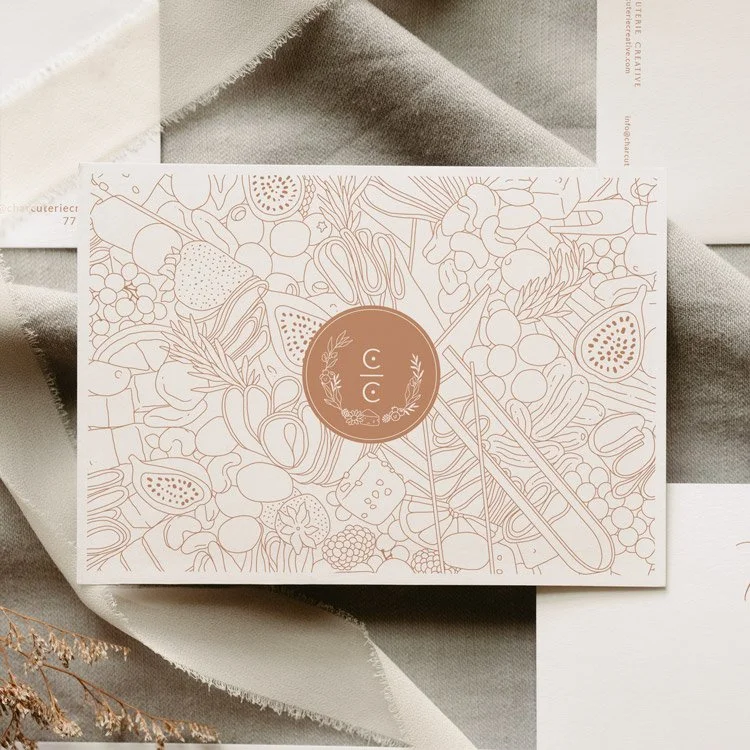 Postcard ad for Charcuterie Creative, featuring a hand-drawn charcuterie board pattern and elegant botanical logo for a refined artisanal look.