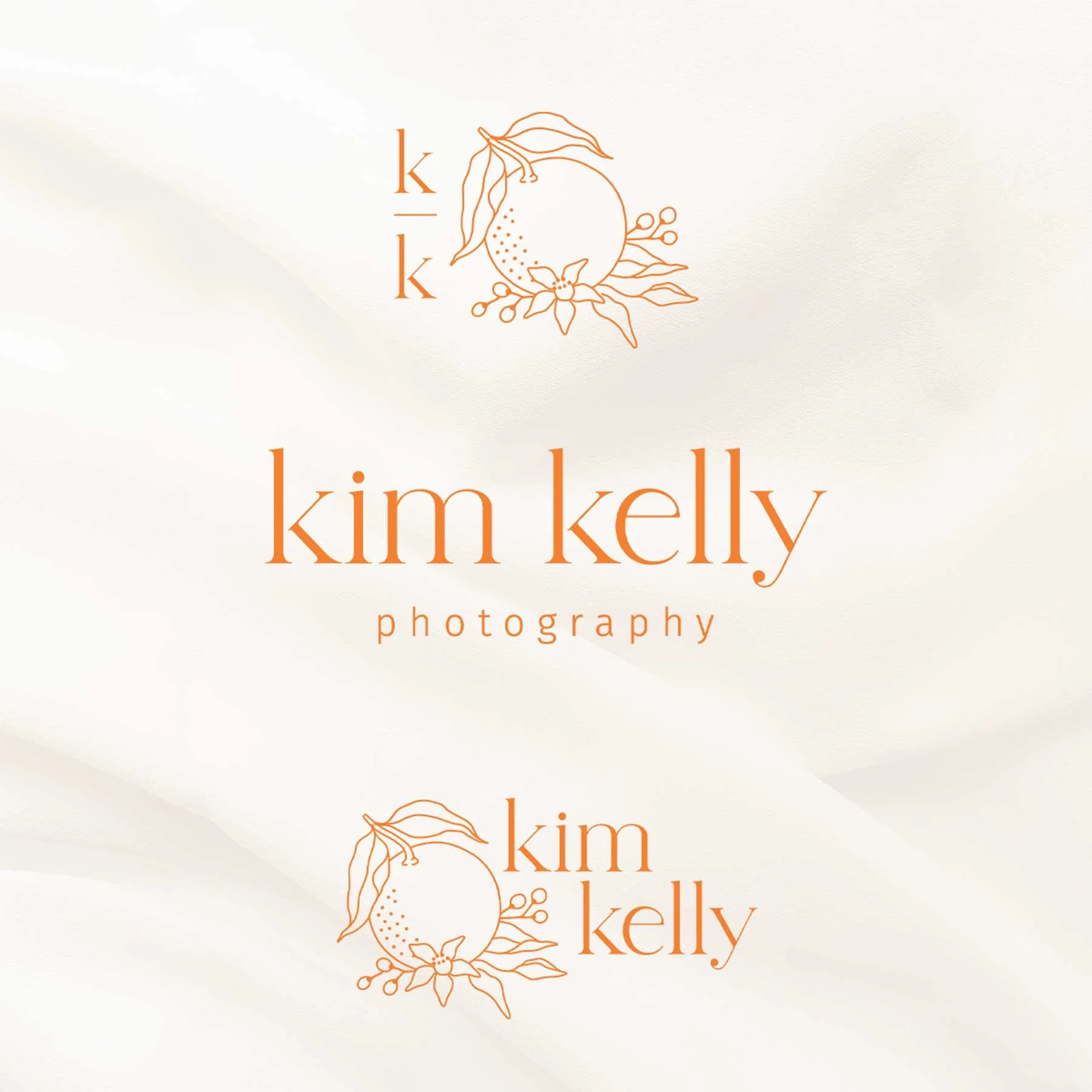 Logo design for Kim Kelly Photography, featuring a hand-drawn orange, modern serif font, and a bright, vibrant color palette reflecting a fresh Florida-inspired aesthetic.