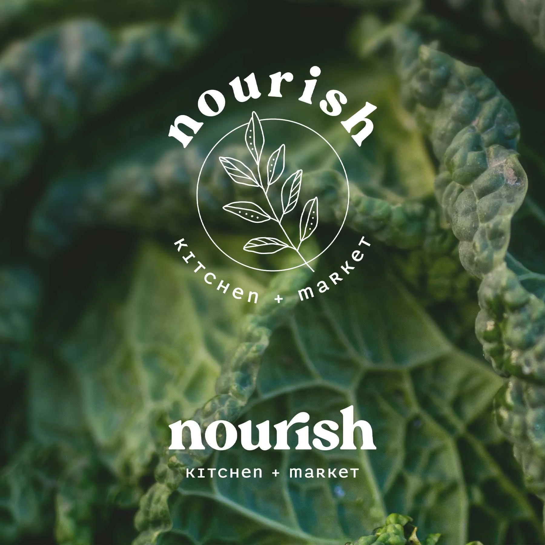 Logo design for Nourish Kitchen + Market, featuring hand-drawn greenery, a bold modern serif font, and a fresh minimalist circular layout with a sub-logo in a simple fun serif.