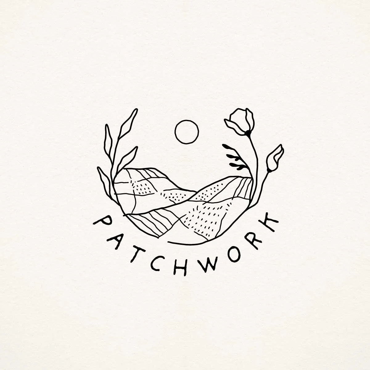 Logo design for Patchwork Farm, featuring a circular hand-drawn patchwork field surrounded by flowers and herbs, with a handwritten font.