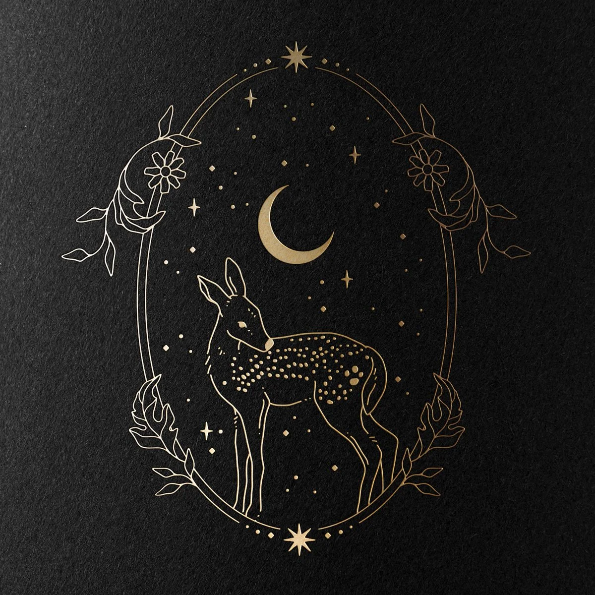 Cover design for Moon Journal by Cosmic Valeria, featuring a gold-embossed fawn surrounded by moon, stars, and floral illustrations on a black background.