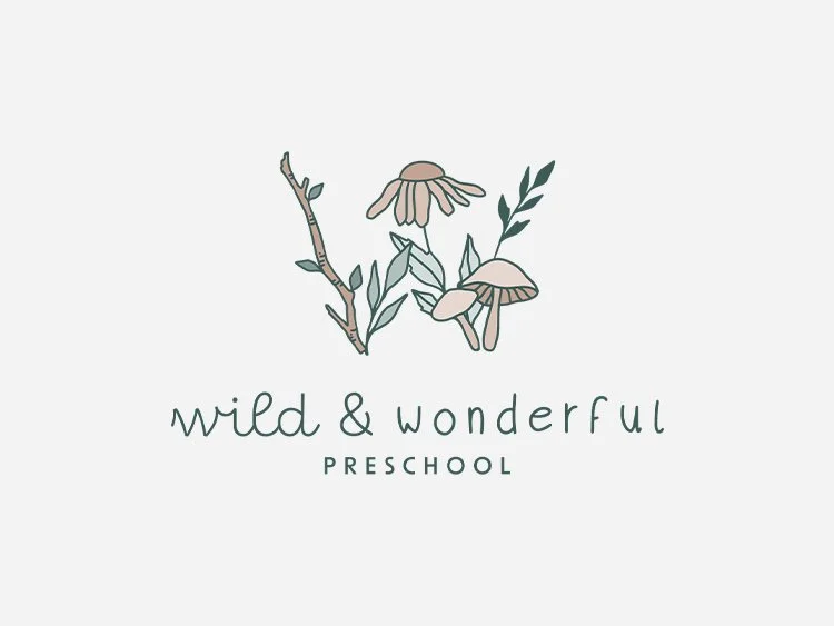 Hand-drawn monogram logo for Wild and Wonderful, a play- and nature-based preschool, featuring branches, mushrooms, flowers, and greenery, with a mix of hand-drawn script and non-script fonts.