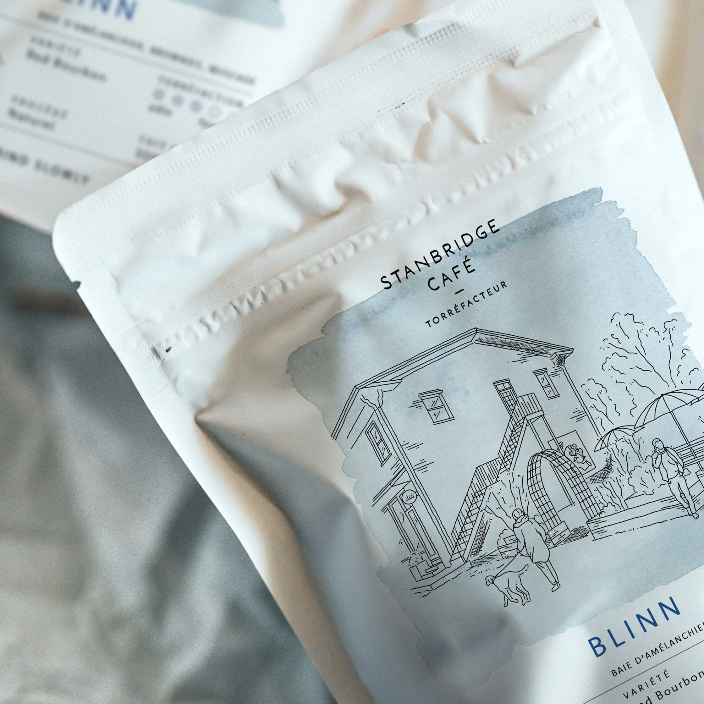 Coffee packaging design for Stanbridge Café, featuring a hand-drawn historical sketch of Café Blinn, watercolor accents, and structured text displaying the coffee blend.