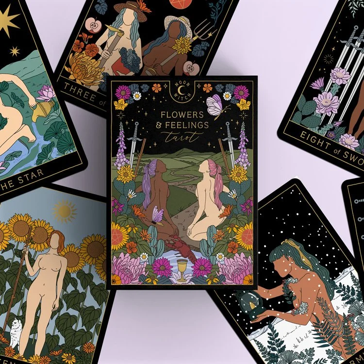 Tarot deck packaging design for Flowers and Feelings by Cosmic Valeria, featuring hand-drawn illustrations of women, flowers, and celestial elements for a dreamy, nature-inspired and mystical look.