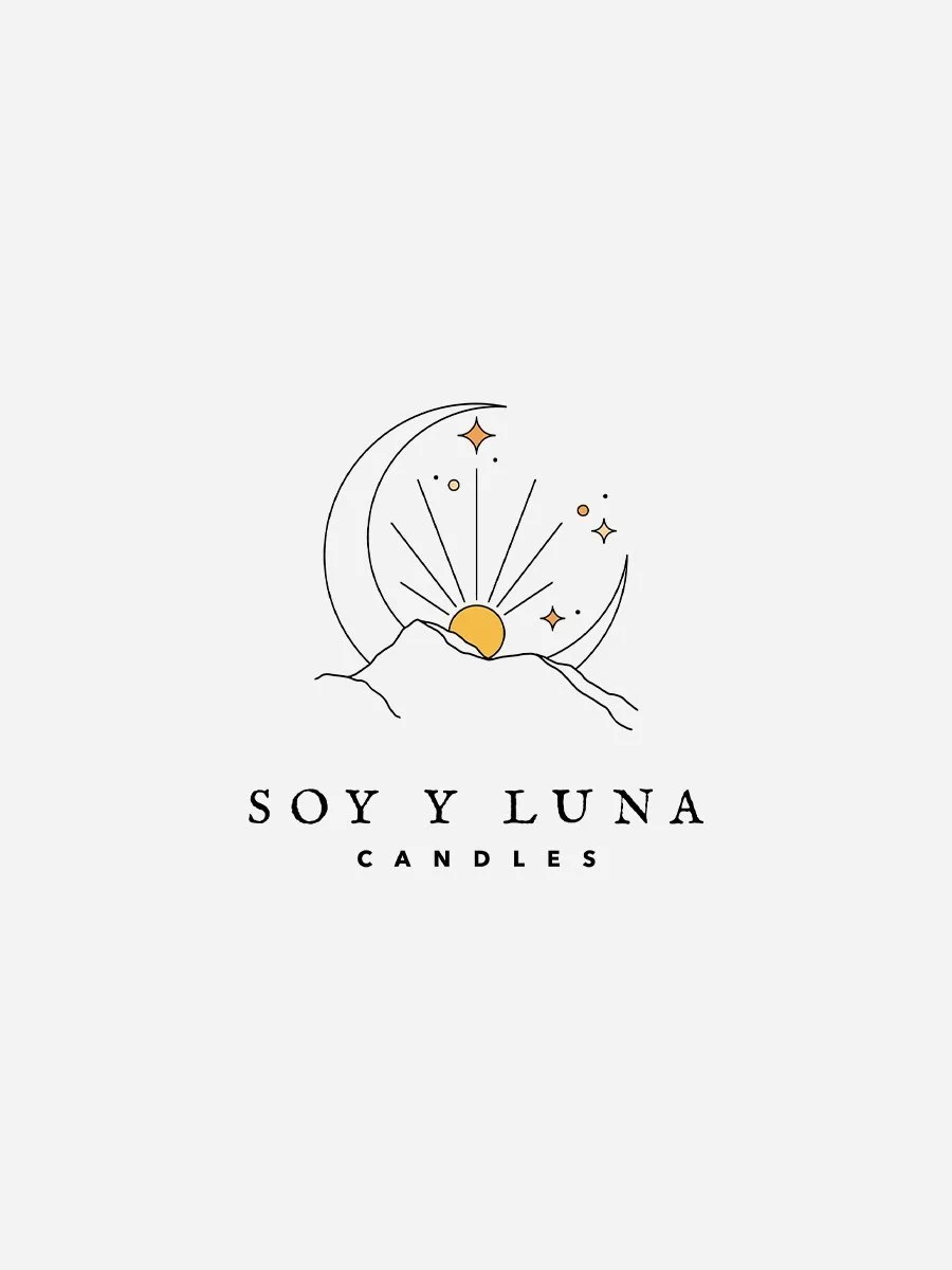 Logo for Soy Y Luna, a small-batch handmade candle business, featuring a celestial design with a crescent moon, mountains, sun and rays, stars, and a vintage font, conveying an esoteric and mystical aesthetic.