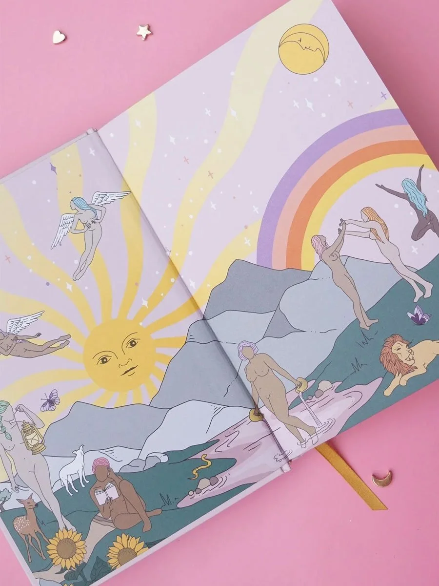 Two-page spread illustration from Tarot and Oracle Journal by Cosmic Valeria, featuring hand-drawn mythological and natural elements, including a sun with a face, rainbow, mountains, women with flowing hair, angels, lion, unicorn, deer, butterflies.