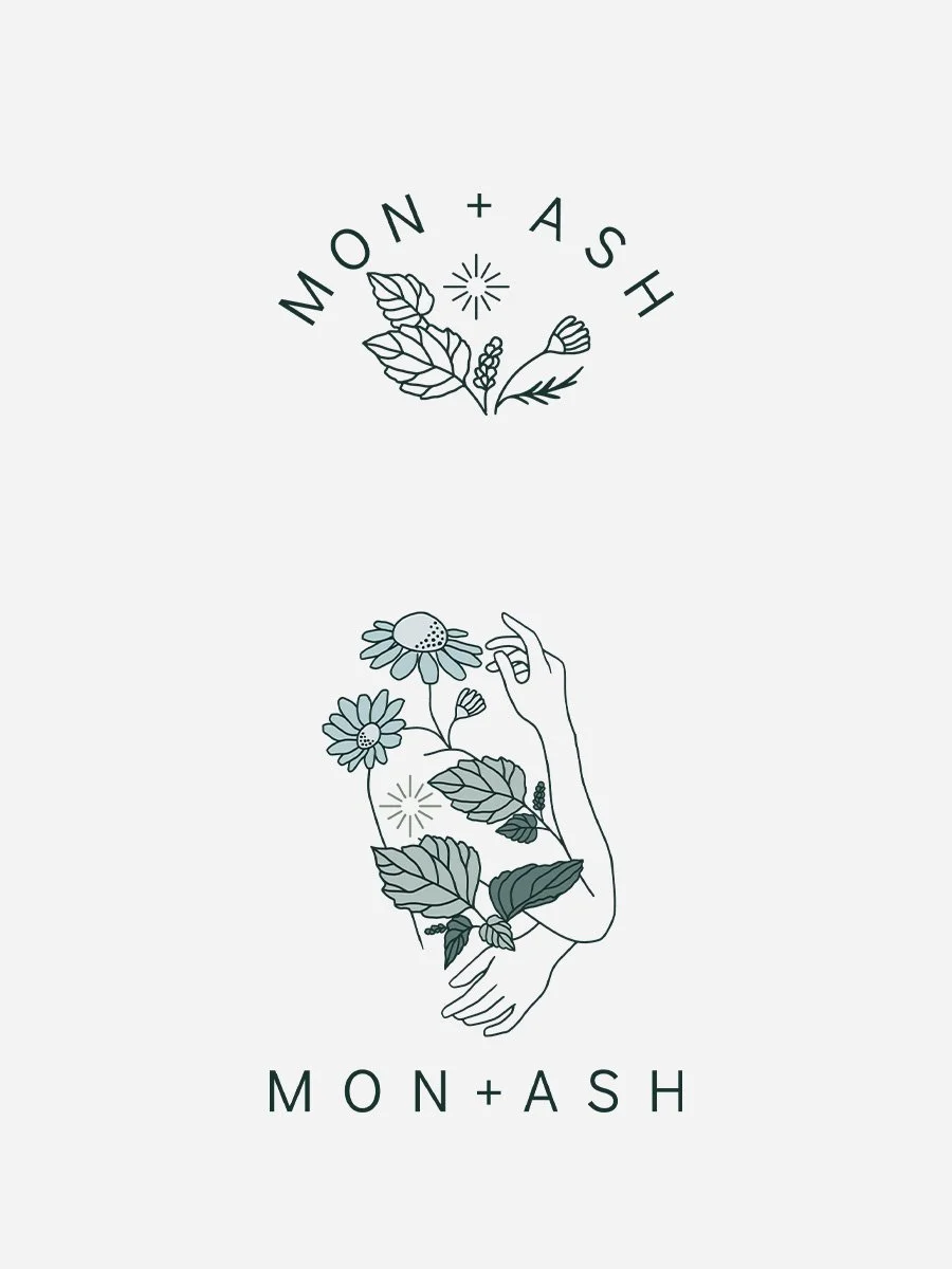 Logo for mon + ash, a handmade apothecary-style natural beauty products business, featuring a naked woman with herbs and flowers growing around her and a sun symbol, conveying a natural, organic, and artisanal aesthetic.