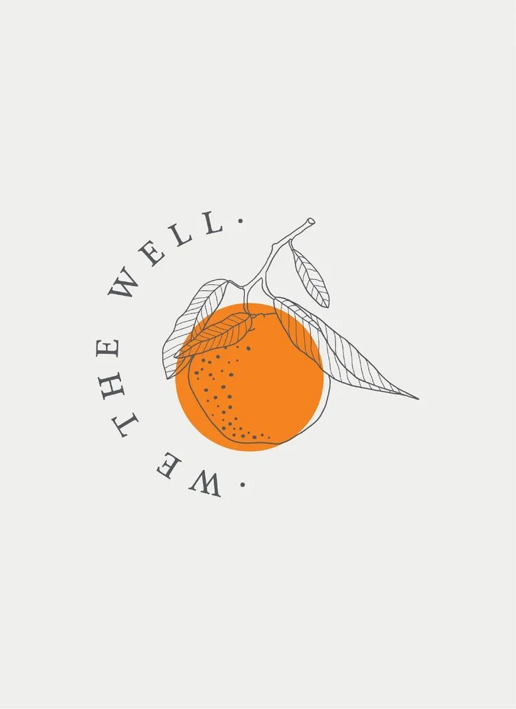 Logo for We the Well, a nutrition and coaching service, featuring a hand-drawn orange with a pop of color and an elegant serif font, conveying a fresh, clean, and approachable aesthetic.