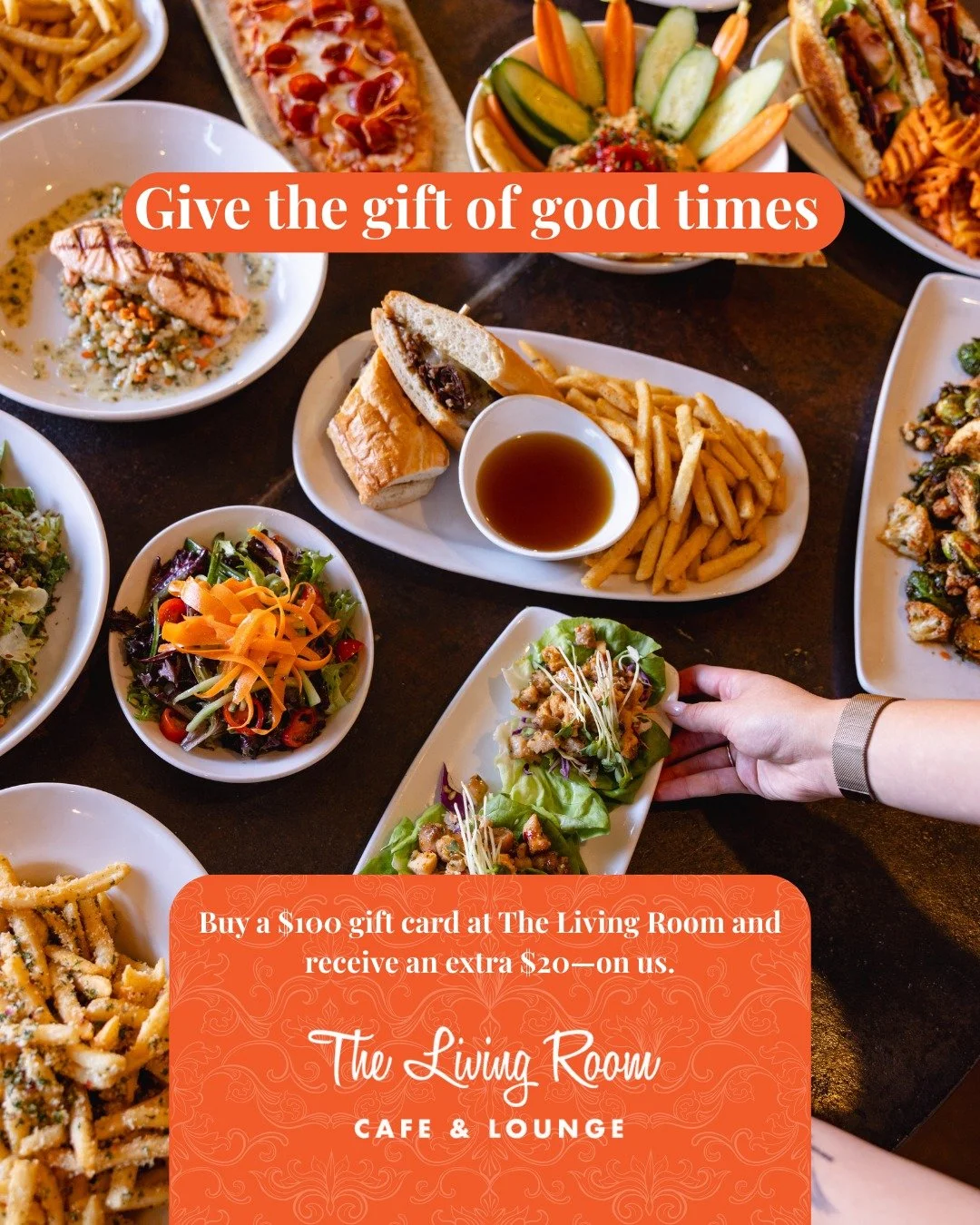 Give the gift of good times. ✨

Buy a $100 gift card and get an extra $20 on us&mdash;perfect for holiday sipping, sharing, and celebrating at The Living Room.

Cheers to the season! 🥂

#TheLivingRoom #GiftCardSpecial #HolidaySips #SeasonalCheers #D