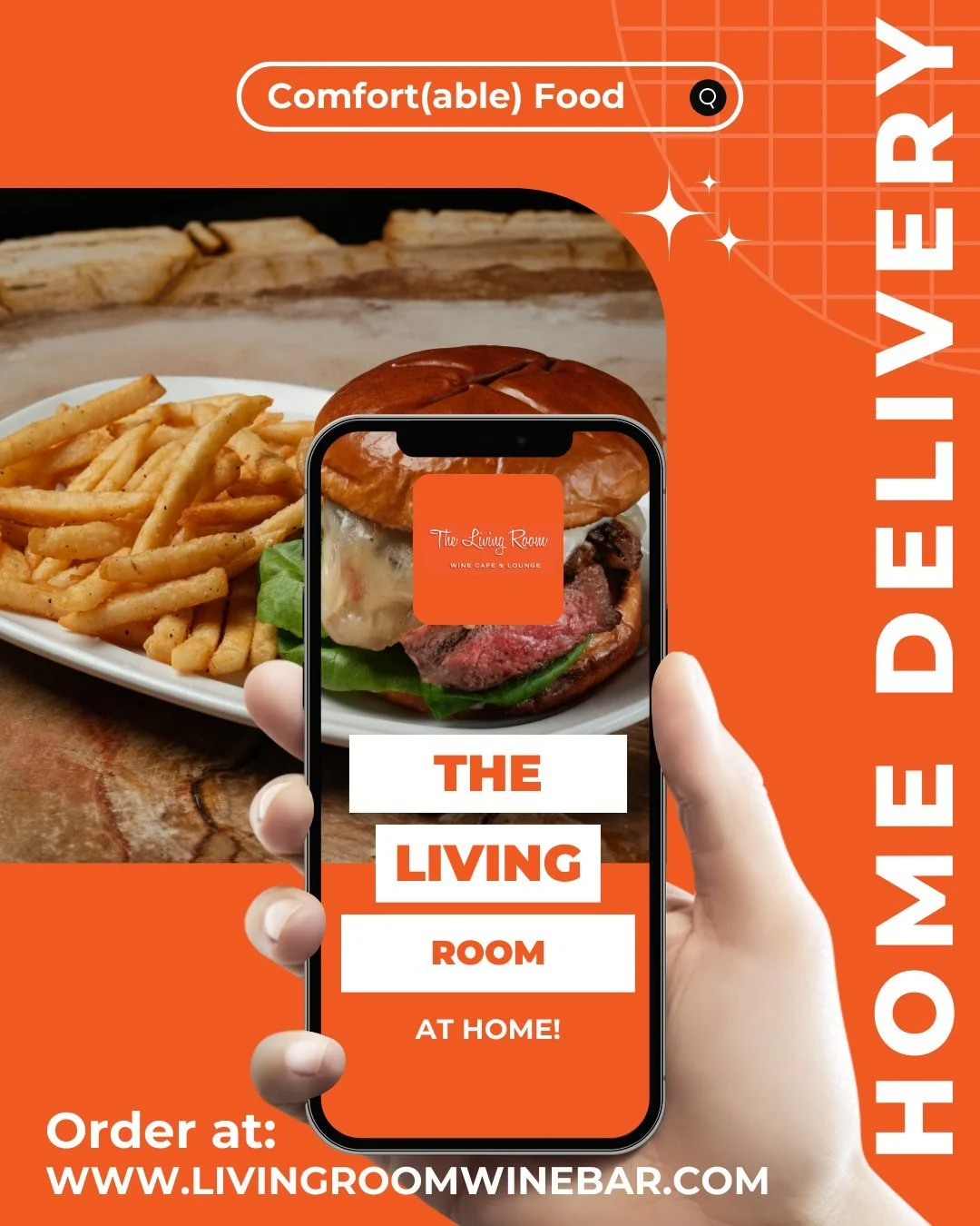 Comfort food, but make it Living Room. 🧡 
Your favorites, delivered, poured with the same love &mdash; just closer to the couch.

Stay in. Get comfy.
We&rsquo;ll bring The Living Room home. 🚗 💨 

#TheLivingRoomDCranch #ComfortableFood #GetComfy #S