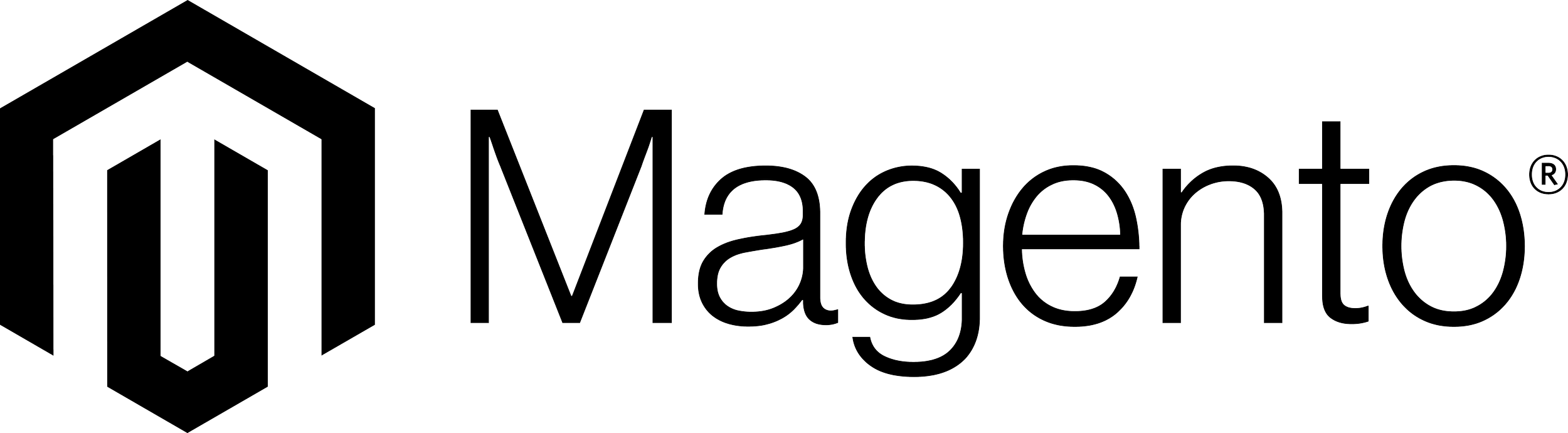 Magento logo with a stylized M inside a hexagon next to the word 'Magento' with a registered trademark symbol