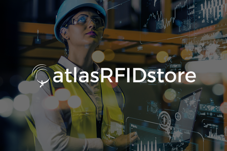 Logo of Atlas RFID with a background a woman with an RFID scanner working in a warehouse