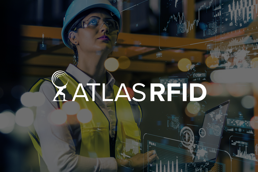 Logo of Atlas RFID with a background of a woman working in a warehouse with an RFID scanner
