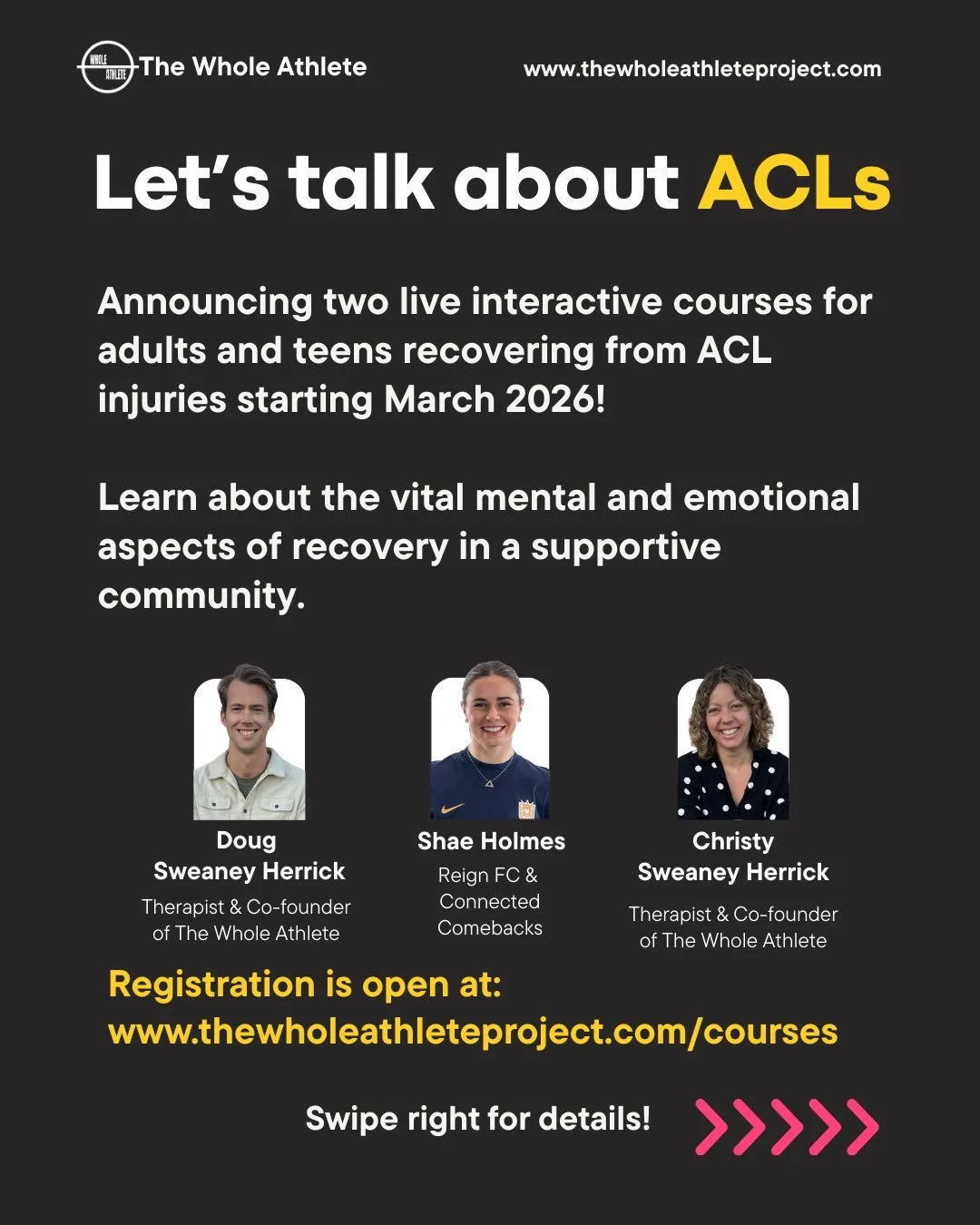 📣📣 We are excited to announce two live courses to support athletes recovering from ACL injuries starting in March! 

Christy will be leading a 4 week interactive course and supportive community for adults at any stage of ACL recovery with honest co