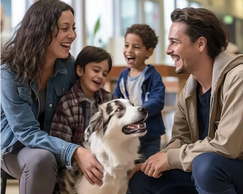Family with two children and a dog smiling and playing together indoors