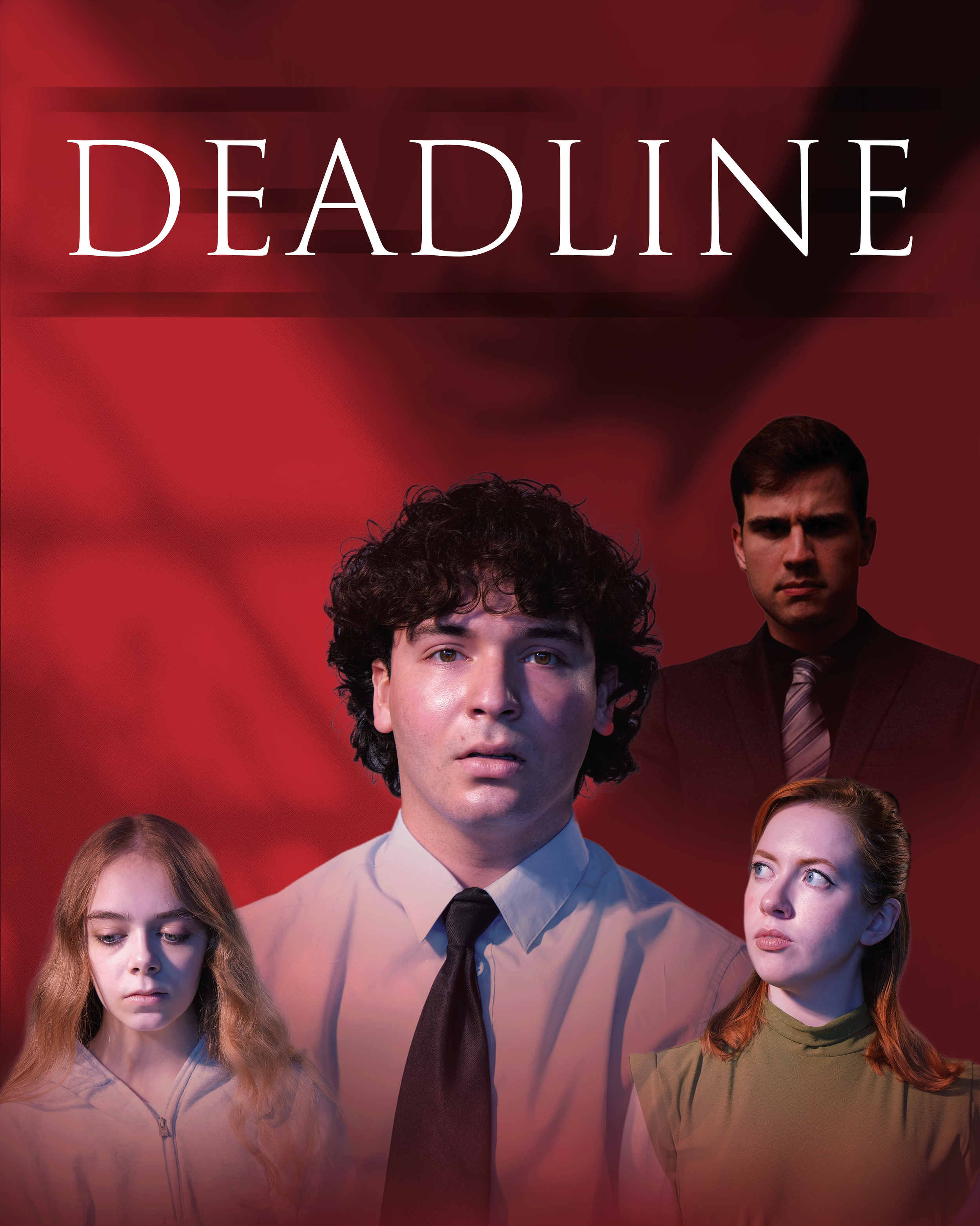 Poster for the movie 'Deadline' featuring four characters with serious expressions against a red background, with the title at the top.